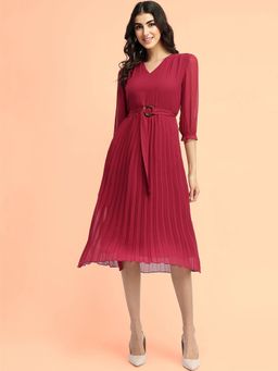 FableStreet - Women Burgundy Solid Midi Length Dress