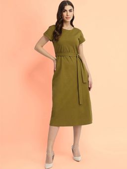FableStreet - Women Olive Solid Midi Length Dress with Belt (Set of 2)