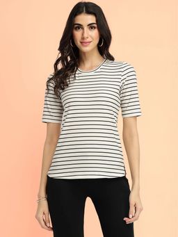 FableStreet - Striped Round Neck T-Shirt - Black and White
