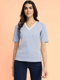 FableStreet - Cotton V-Neck T-Shirt - Light Blue