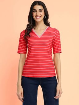 FableStreet - Striped V-Neck T-Shirt - Red