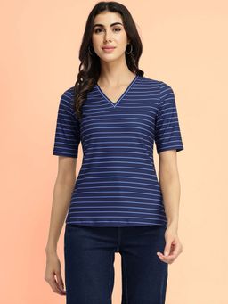 FableStreet - Striped V-Neck T-Shirt - Navy Blue