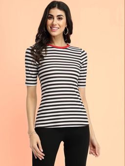 FableStreet - Striped Crew Neck T-Shirt - White and Black