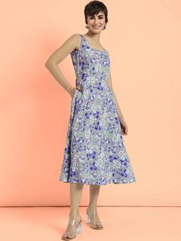 FableStreet - Grey Floral Fit And Flare Midi Dress