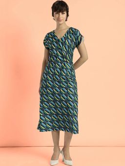 FableStreet - Navy Blue Abstract Print Midi Dress