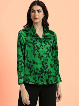FableStreet - Green Satin Floral Shirt