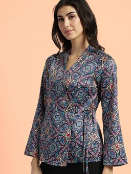 FableStreet - Satin Wrap Floral Printed Top - Blue