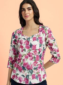 FableStreet - Sweetheart Neck Floral Top - White