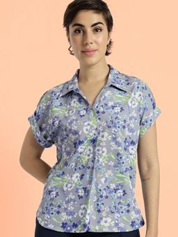 FableStreet - Floral Drop Shoulder Top - Grey