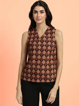 FableStreet - Brown V-Neck Geometric Printed Top