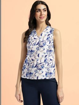 FableStreet - V Neck Floral Top - White
