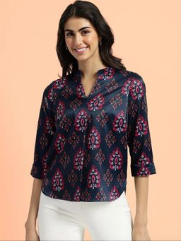 FableStreet - Satin Printed Motifs Top - Navy Blue