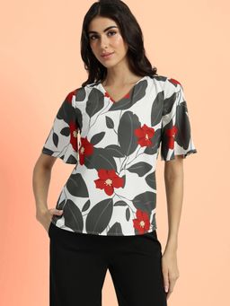 FableStreet - Floral Printed Half Sleeves Top - White