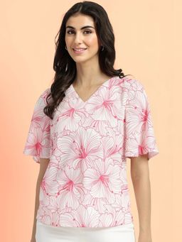 FableStreet - Floral Printed Half Sleeves Top - White