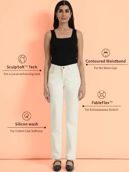 FableStreet - Women Off White Solid Straight Fit Jeans