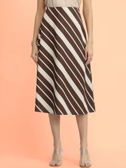 FableStreet - Satin Striped A-Line Skirt - Brown