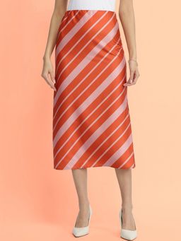 FableStreet - Satin Striped A-Line Skirt - Orange