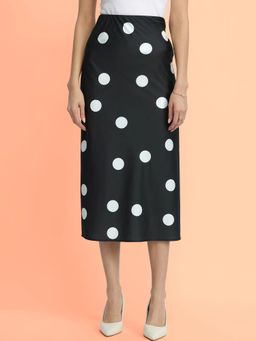 FableStreet - Satin Polka Dot Fitted Skirt - Black