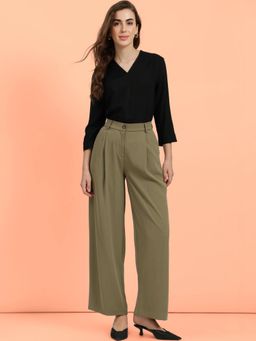 FableStreet - Olive Single Pleat Wide Leg Pant
