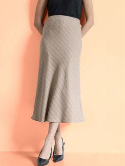 FableStreet - Beige A-Line Midi Stripes Skirt