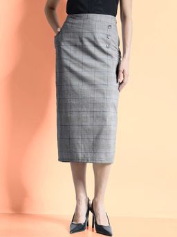 FableStreet - Grey Checks Straight Fit Skirt