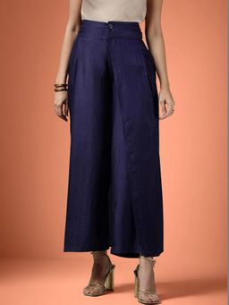 FableStreet - Silk Wide-Leg Trousers - Navy Blue