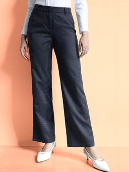 FableStreet - Striped Straight Fit Trousers - Navy Blue