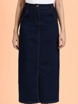 FableStreet - Denim Front Slit Skirt - Navy Blue