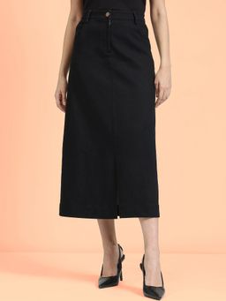FableStreet - Denim Front Slit Skirt - Black