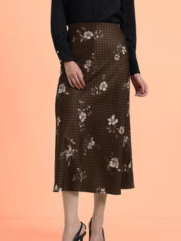FableStreet - Floral Gingham A-Line Skirt - Brown