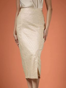 FableStreet - Brocade Front Slit Midi Skirt - Beige