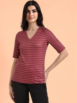 Fable Street - Polyester Slim Fit Short Sleeve V-Neck Wine T-shirt