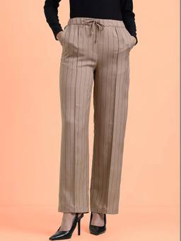 FABLE STREET - Beige Striped Straight Trouser