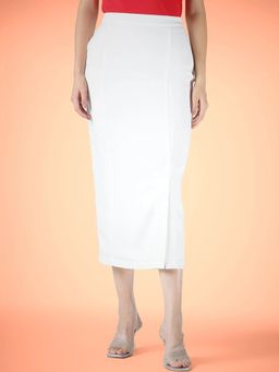 FableStreet - Brocade Midi Pencil Side Slit White Skirt