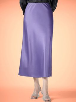 FableStreet - Satin Midi Flared High-Rise Solid Purple Skirt