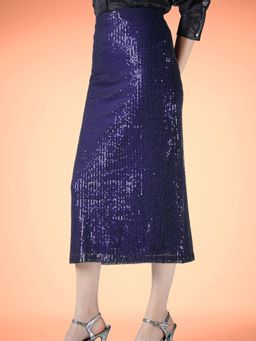 FableStreet - Polyester Midi Slim Sequined Purple Skirt