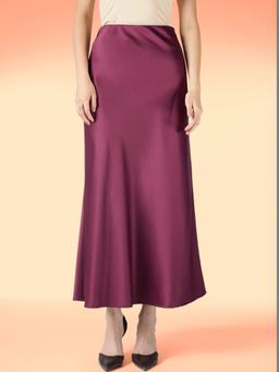 FableStreet - Satin Midi Flared High Rise Solid Wine Skirt
