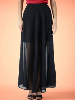 FableStreet - Georgette Maxi Flared Semi-Sheer Black Skirt