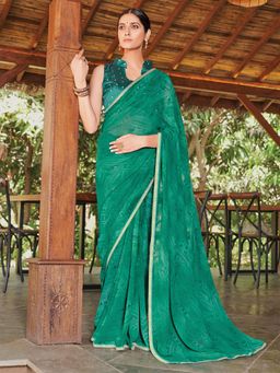 Odette - Womens Georgette Dark Green Printed Saree with Unstitched Blouse