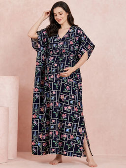 Secret Wish - Navy Blue Pixelated Floral Rayon Maternity Kaftan