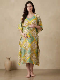Secret Wish - Yellow Printed Rayon Maternity Kaftan