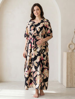 Secret Wish - Black Floral Rayon Maternity Kaftan