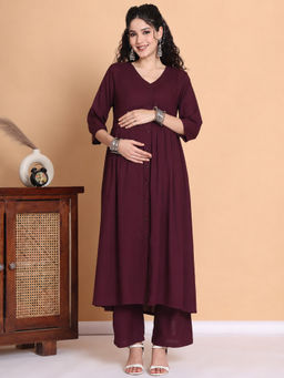 Secret Wish - Wine Solid Rayon Maternity Kurta with Pant