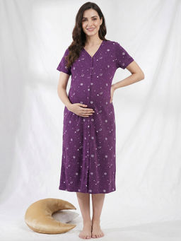 Secret Wish - Purple Print Hosiery Zipless Maternity Nighty