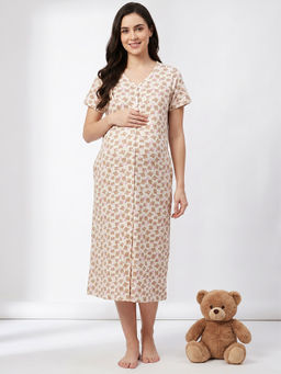 Secret Wish - Beige Teddy Printed Hosiery Zipless Maternity Nighty