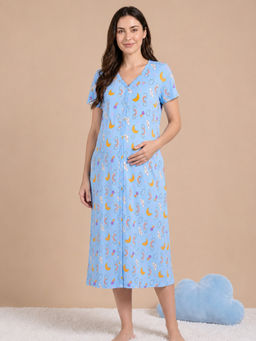 Secret Wish - Blue Printed Hosiery Zipless Maternity Nighty