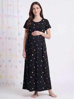 Secret Wish - Black Heart Print Hosiery Maternity Nighty