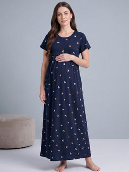 Secret Wish - Navy Blue Shell Print Hosiery Maternity Nighty