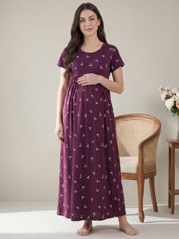 Secret Wish - Purple Bow Print Hosiery Maternity Nighty