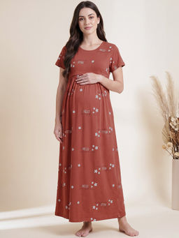 Secret Wish - Rust Printed Hosiery Maternity Nighty